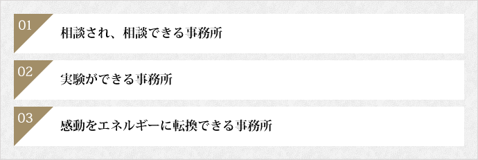 相談され、相談できる事務所・実験ができる事務所・感動をエネルギーに転換できる事務所であることを心がけています